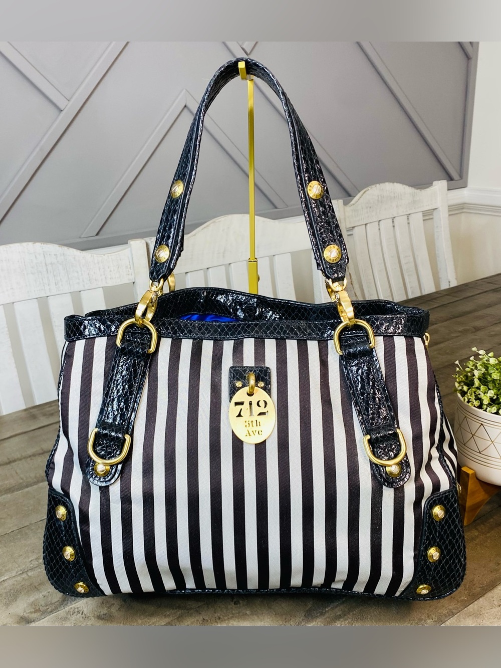 Henri Bendel 712 5th Ave Centennial Stripe Mixed Media Tote Bag Gold Hardware